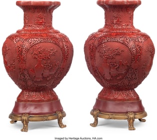 61233&colon; A Pair of Chinese Cinnabar-Style Urns on Gilt Br