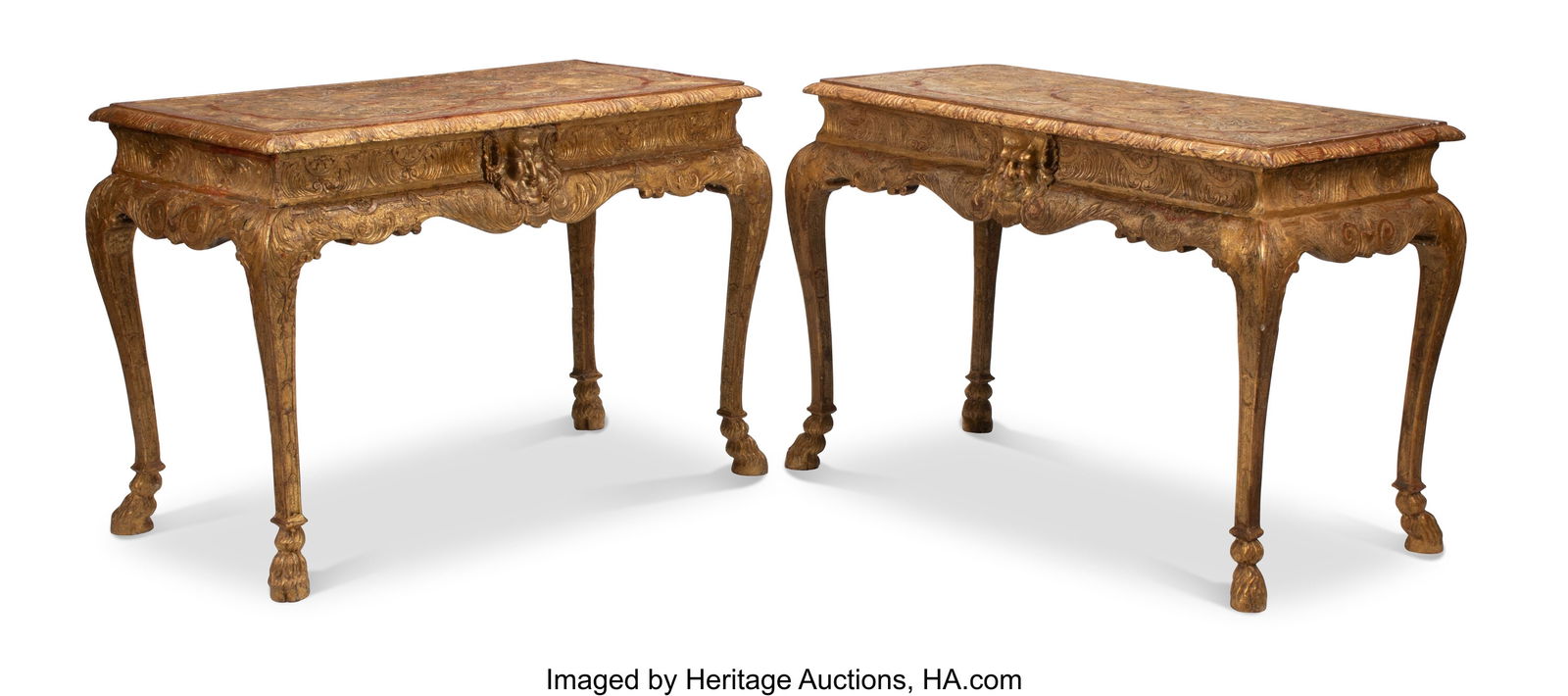 A Pair of George II Carved Gilt Wood Console T: A Pair of George II Carved Gilt Wood Console Tables, 18th century 30-1/2 x 44 x 22-1/2 inches (77.5 x 111.8 x 57.1 cm) (each) HID03101062020 © 2024 Heritage Auctions | All Rights Reserved www.HA.com/