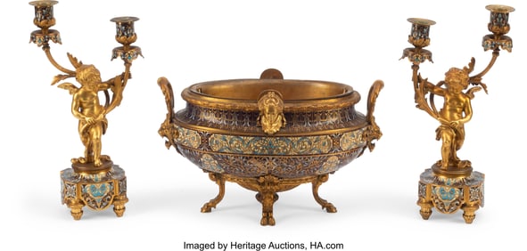 61080&colon; Three French Champlevé Enameled Gilt Bronze Tab