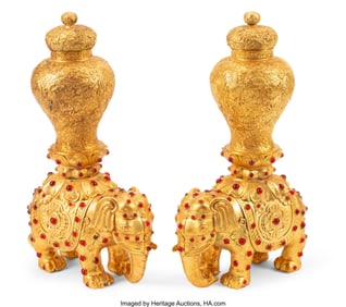 61306&colon; A Pair of Chinese Gilt Bronze Urns with Gem-Set