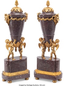 61314&colon; A Pair of French Gilt Bronze-Mounted Marble Urns
