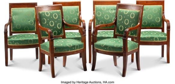 61317&colon; A Set of Six Empire-Style Upholstered Walnut Arm