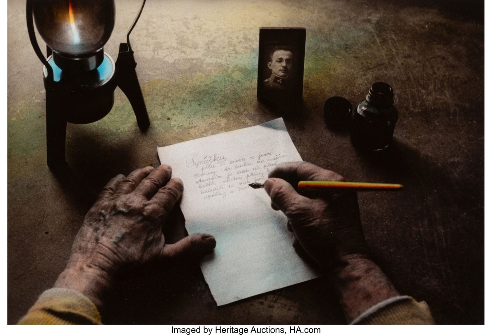 Jan Saudek (Czech, b. 1935) The Letter, 1975 Han: Jan Saudek (Czech, b. 1935) The Letter, 1975 Hand colored gelatin silver print 10 x 14-1/2 inches (25.4 x 36.8 cm) (sight) Signed in