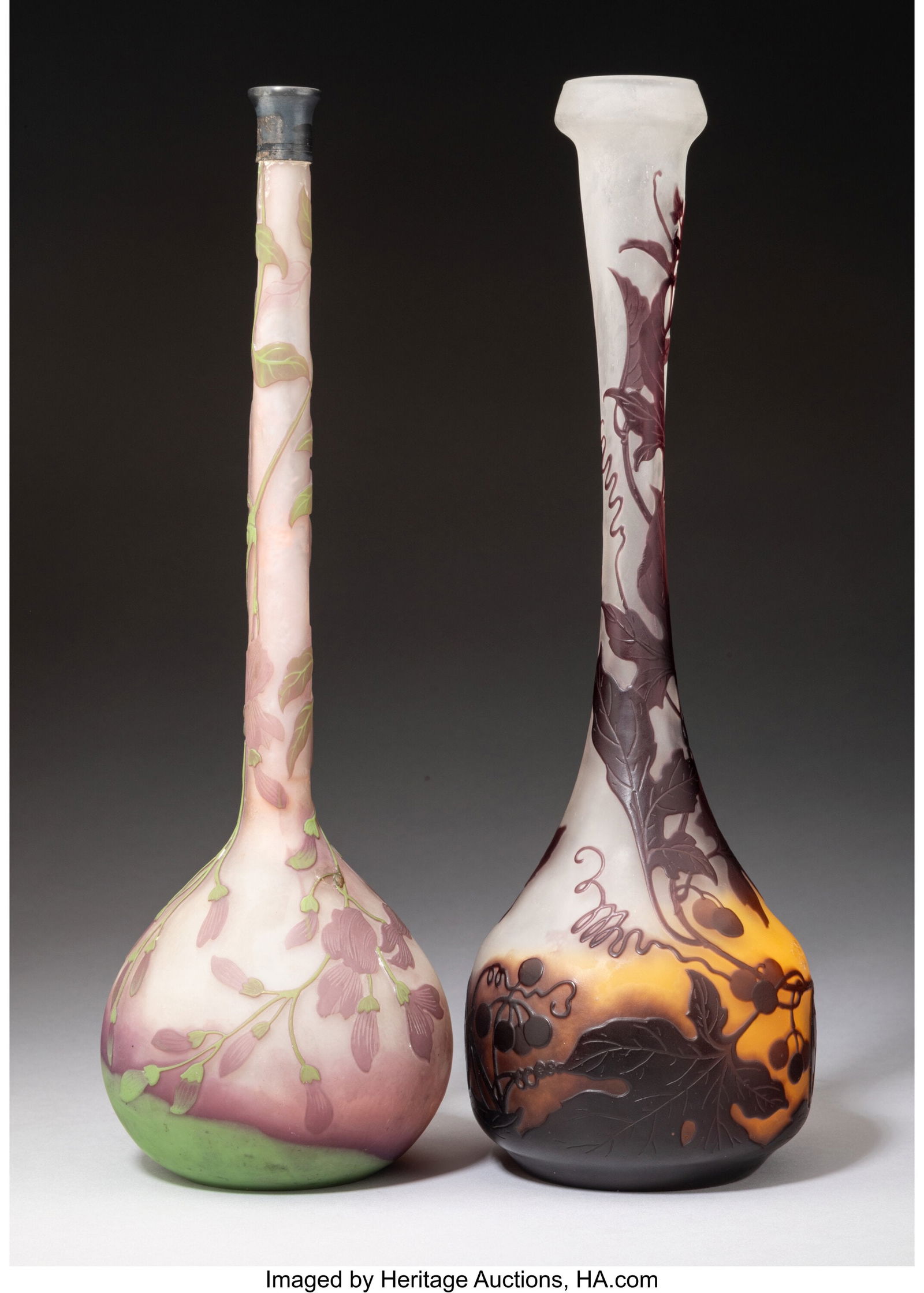 Gallé  Two Floral Vases, circa 1900 France Came (1 of 4)