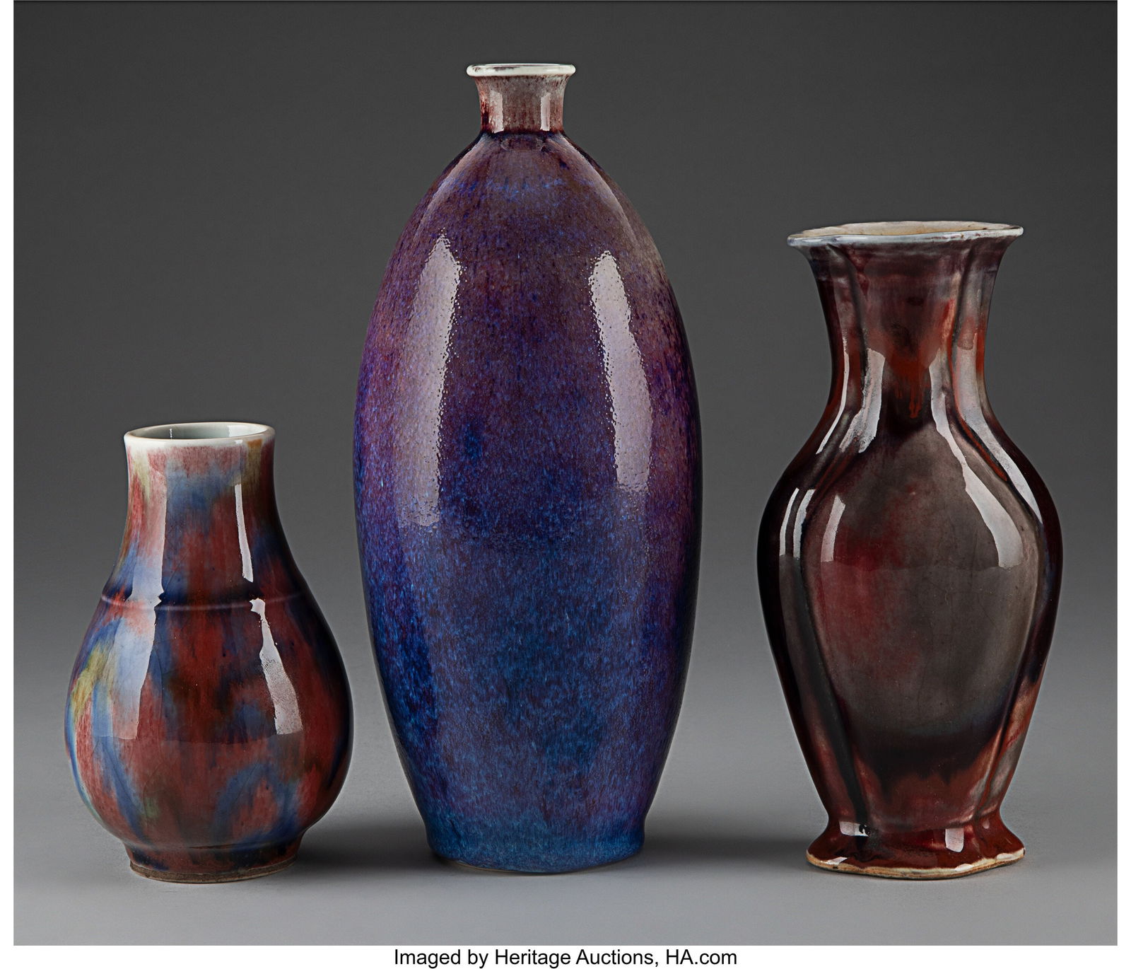 Three Chinese Flambé Glazed Vases Marks to one (1 of 3)
