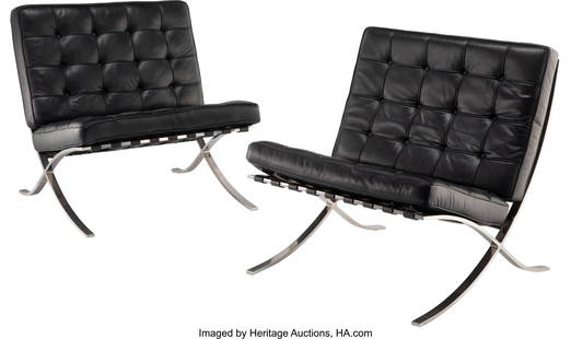 In the Style of Ludwig Mies van der Rohe Pair of: In the Style of Ludwig Mies van der Rohe Pair of Chairs, circa 1980s Leather and chromed metal 32 x 30 x 29-1/2 inches (81.3 x 76.2 x 74.9 cm) (each)