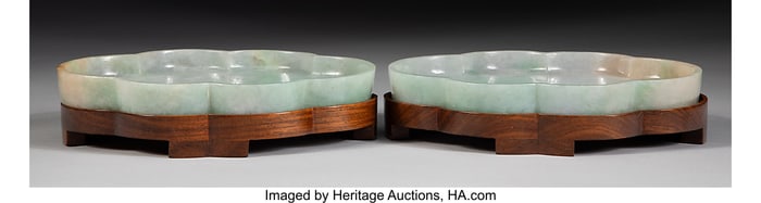 78019&colon; A Pair of Chinese Jadeite Foliate Dishes&comma; 19th c