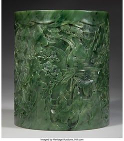 78021&colon; A Large Chinese Carved Spinach Jade Brushpot&comma; 20