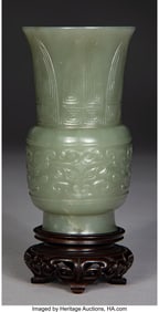 78022&colon; A Chinese Carved Celadon Jade Gu-Form Vase&comma; Qing