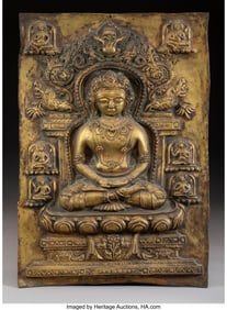 78120&colon; A Nepalese Gilt Bronze Plaque of a Seated Buddha