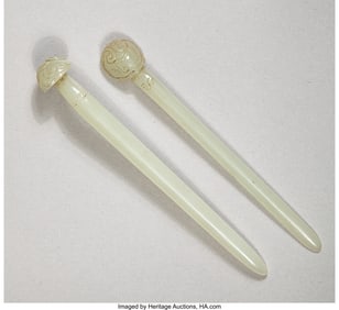 78032&colon; Two Chinese White Jade Hairpins 5-1&sol;4 x 0-3&sol;4 x 