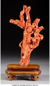 78036&colon; A Chinese Carved Coral Figural Group on Stand wi