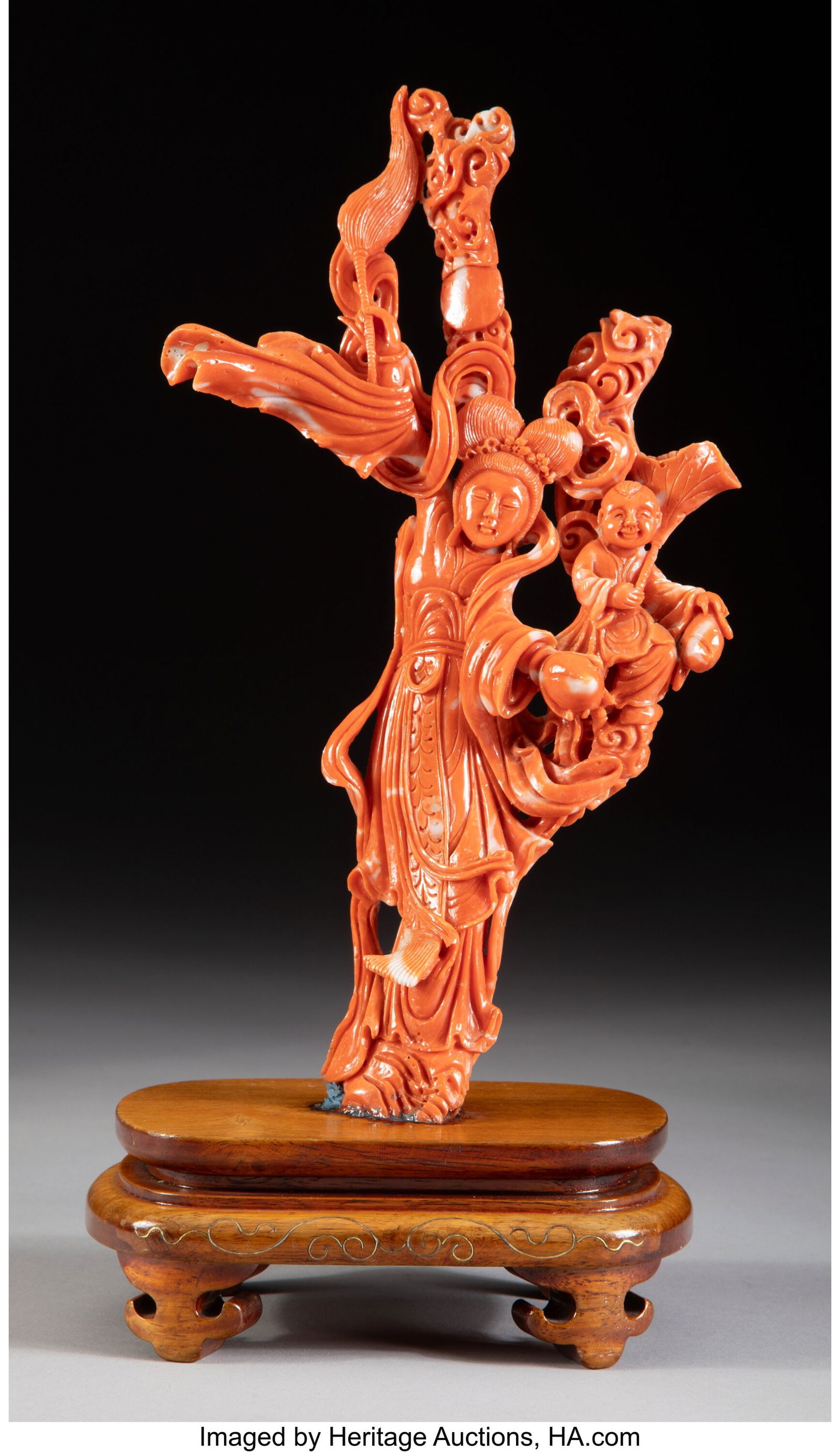 A Chinese Carved Coral Figural Group on Stand wi (1 of 3)