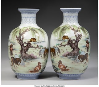 78084&colon; A Pair of Enameled Eggshell Vases Accompanied by