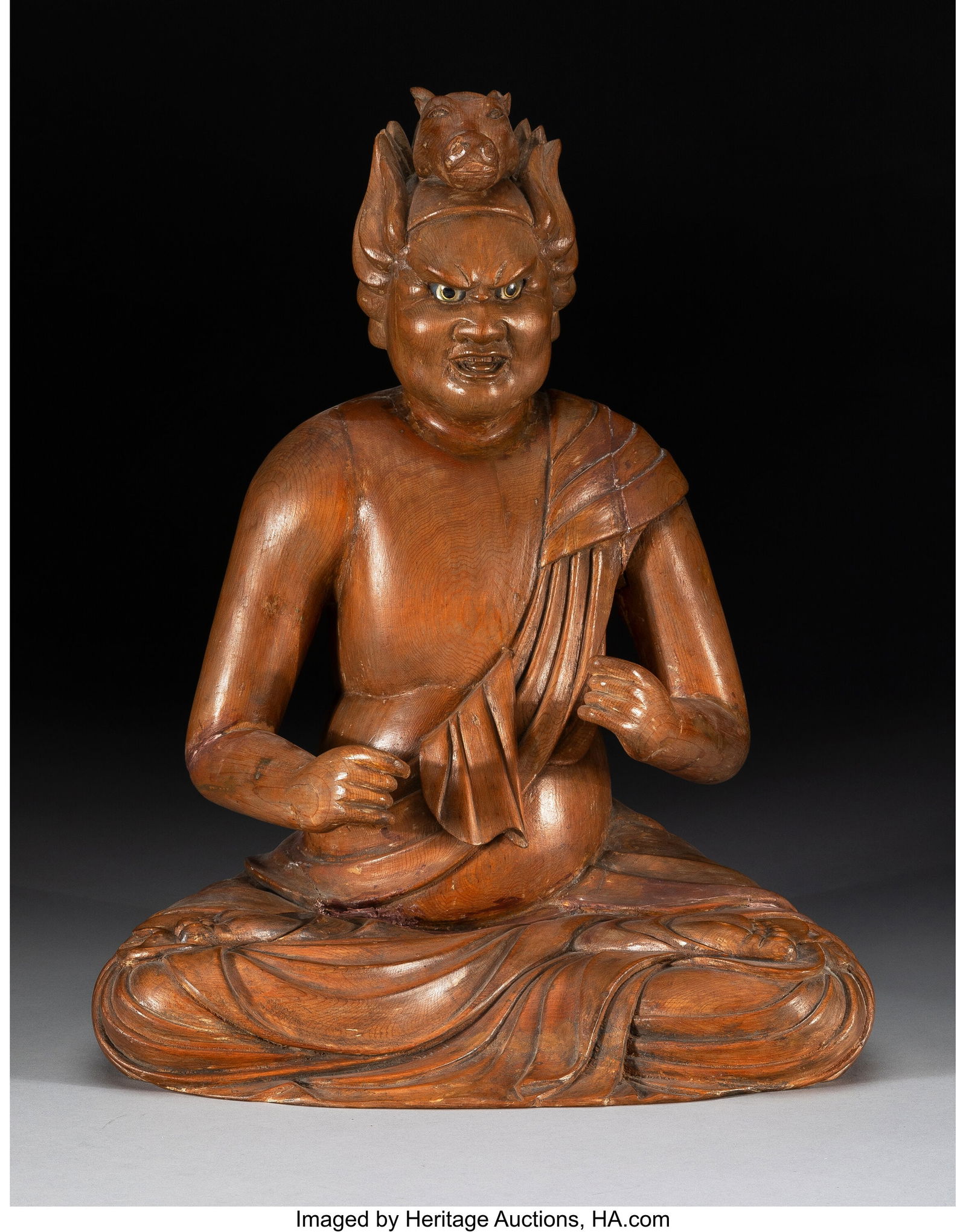 A Japanese Carved Wood Seated Figure of Hayagriv (1 of 4)