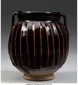 78043&colon; A Chinese Black-Glazed Handled Ribbed Jar&comma; Song 
