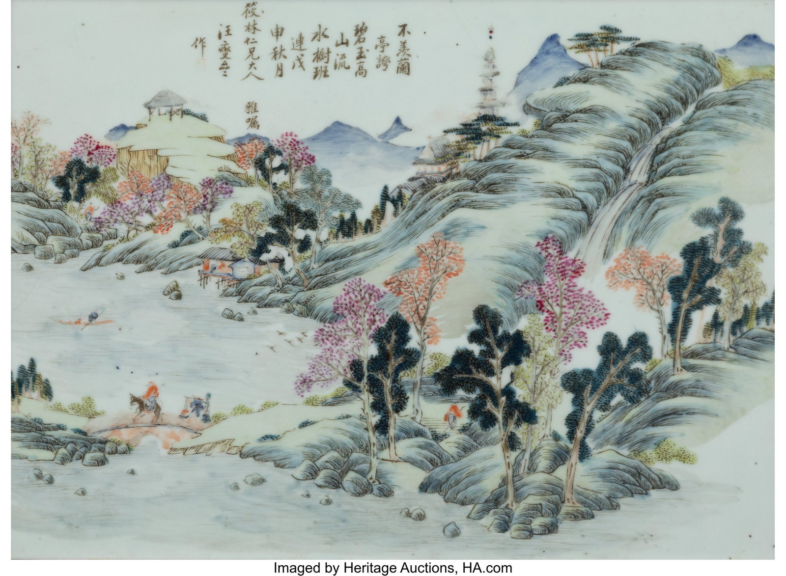 A Chinese Famille Rose Porcelain Plaque, Republi: A Chinese Famille Rose Porcelain Plaque, Republic period Marks: Inscribed, signed, and dated to the top 18-1/2 x 22-1/2 x 1 inches (47.0 x 57.1 x 2&p