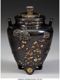 78130&colon; A Japanese Fine Inlaid-Shakudo Koro&comma; Incense Bur