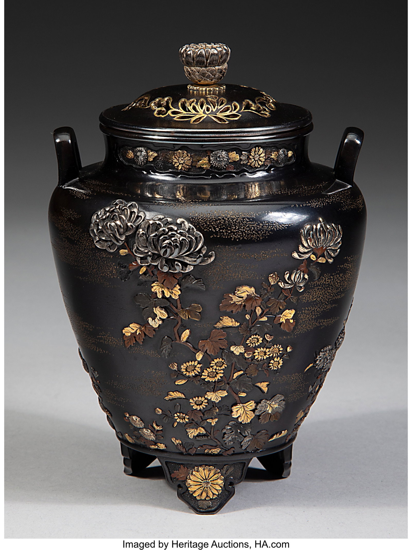 A Japanese Fine Inlaid-Shakudo Koro, Incense Bur: A Japanese Fine Inlaid-Shakudo Koro, Incense Burner, Meiji period Marks: Signed Inouye Zo 4-3/8 x 3-1/8 x 3-1/8 inches (11.1 x 7.9 x 7.9 cm&rpar