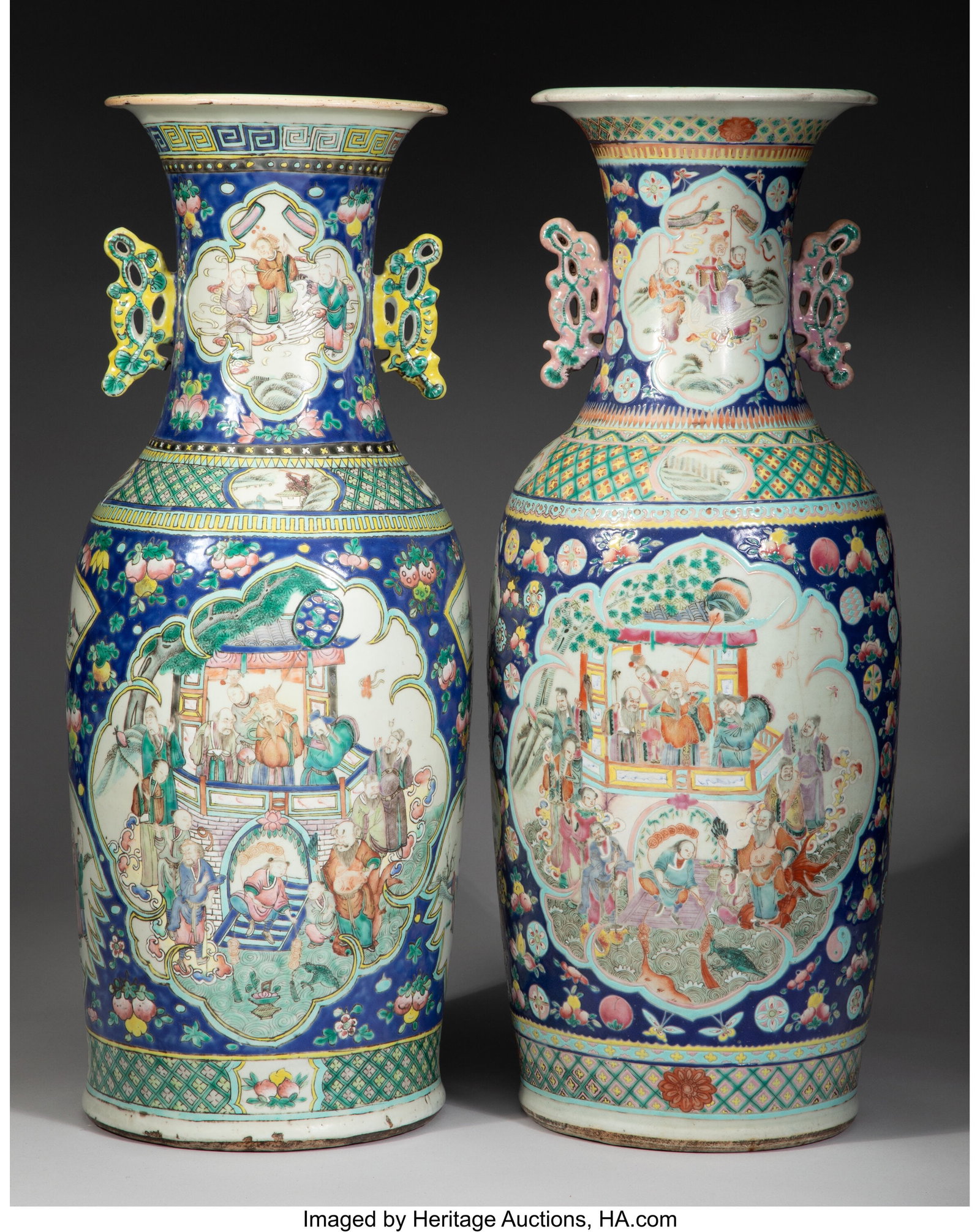A Pair of Chinese Famille Rose Figural Vases, Qi: A Pair of Chinese Famille Rose Figural Vases, Qing dynasty 23-3/4 x 8-1/4 x 8-1/4 inches (60.3 x 21.0 x 21.0 cm) (each) Property from the Pri