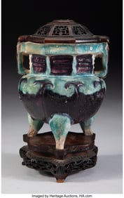 78200&colon; A Chinese Fahua Glazed Covered Tripod Censer Mar