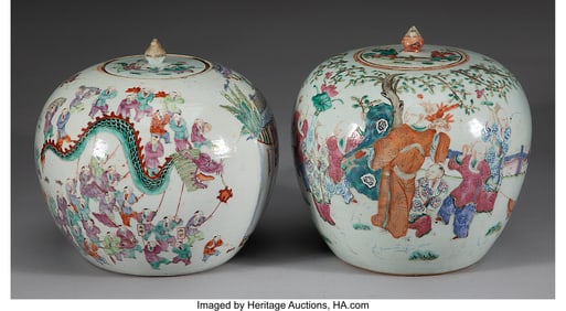 78208&colon; A Near Pair of Chinese Famille Verte Covered Jar