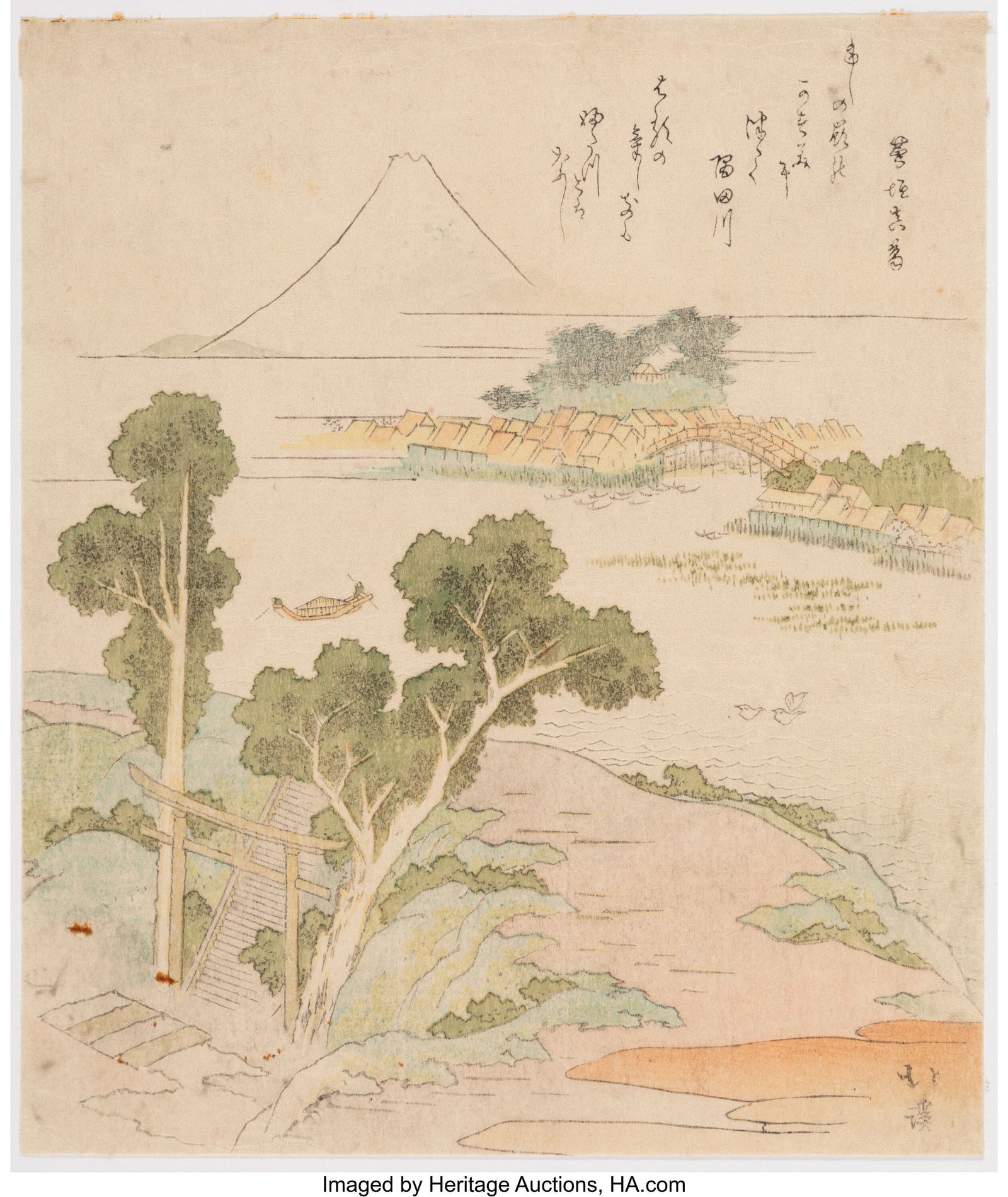 Totoya Hokkei (Japanese, 1780-1850) Mount Fuji f: Totoya Hokkei (Japanese, 1780-1850) Mount Fuji from Afar, circa 1820 Surimono woodblock print with gaufrage 8-1/4 x 7-1/8 inches (21.0 x 18.1 cm)