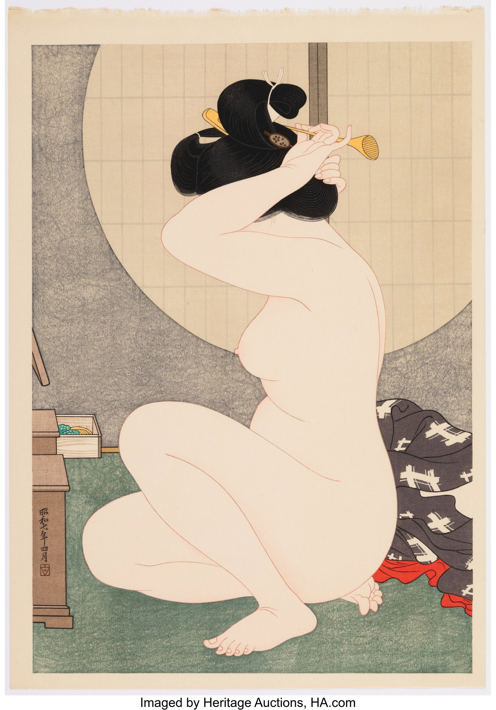 Hirano Hakuhō (Japanese, 1879-1957) Woman Arran: Hirano Hakuhō (Japanese, 1879-1957) Woman Arranging Hair Before a Window, circa 1932 Woodblock print 15-1/2 x 10-3/4 inches (39.4 x 27.3 cm)