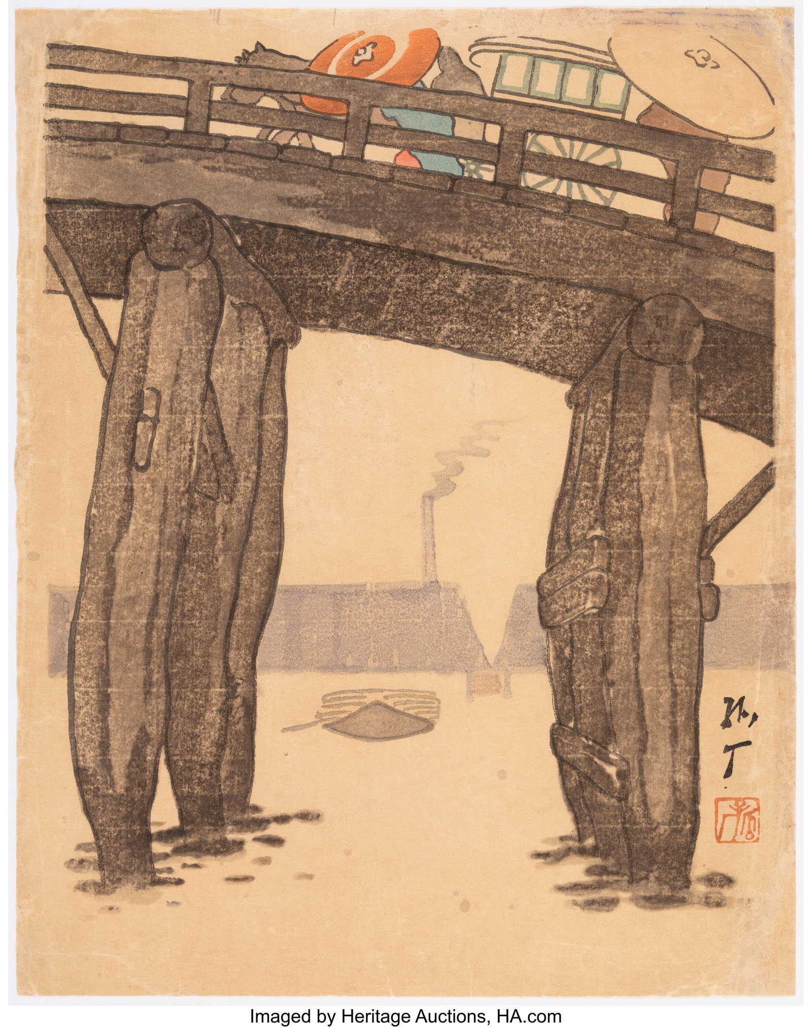 Tobari Kogan (Japanese, 1882-1927) The Great Bri: Tobari Kogan (Japanese, 1882-1927) The Great Bridge at Senju (Senju Ōhashi), 1913 (Taishō 2) Woodblock print 17-1/4 x 13-3/4 inches (