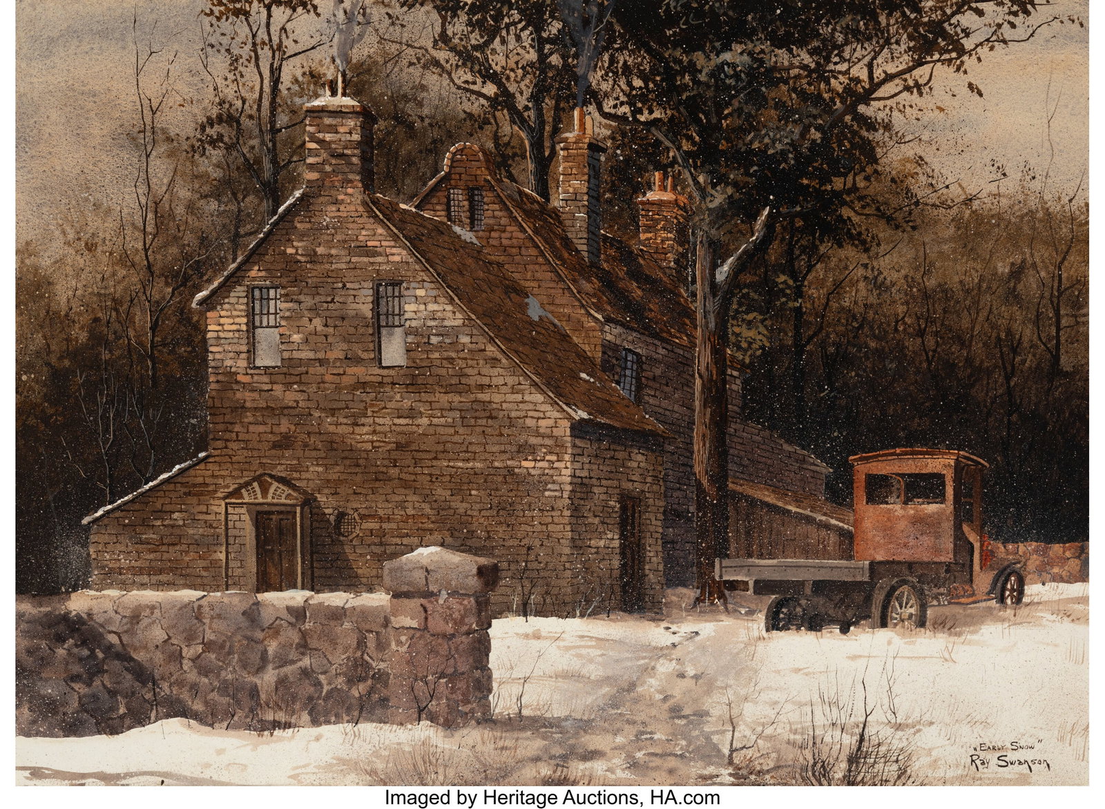 Ray Swanson (American, 1937-2004) Early Snow Gou: Ray Swanson (American, 1937-2004) Early Snow Gouache on board 22 x 30 inches (55.9 x 76.2 cm) Signed and titled lower right: "Early Snow" / Ray Swanso