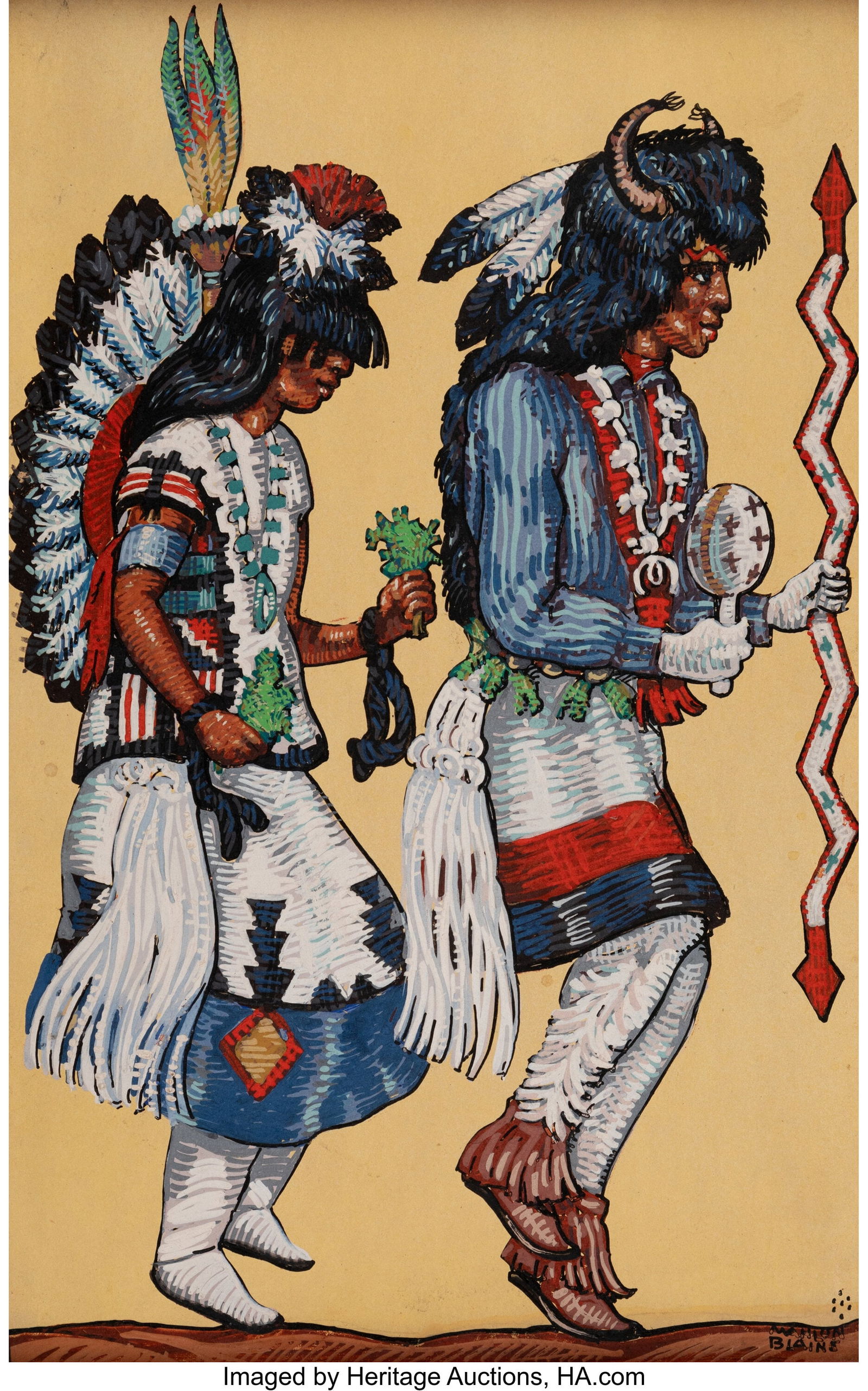 Mahlon Blaine (American, 1894-1969) Dancing Trad: Mahlon Blaine (American, 1894-1969) Dancing Traditions Gouache on board 14-1/4 x 9 inches (36.2 x 22.9 cm) (sight) Signed lower right: Mahlo