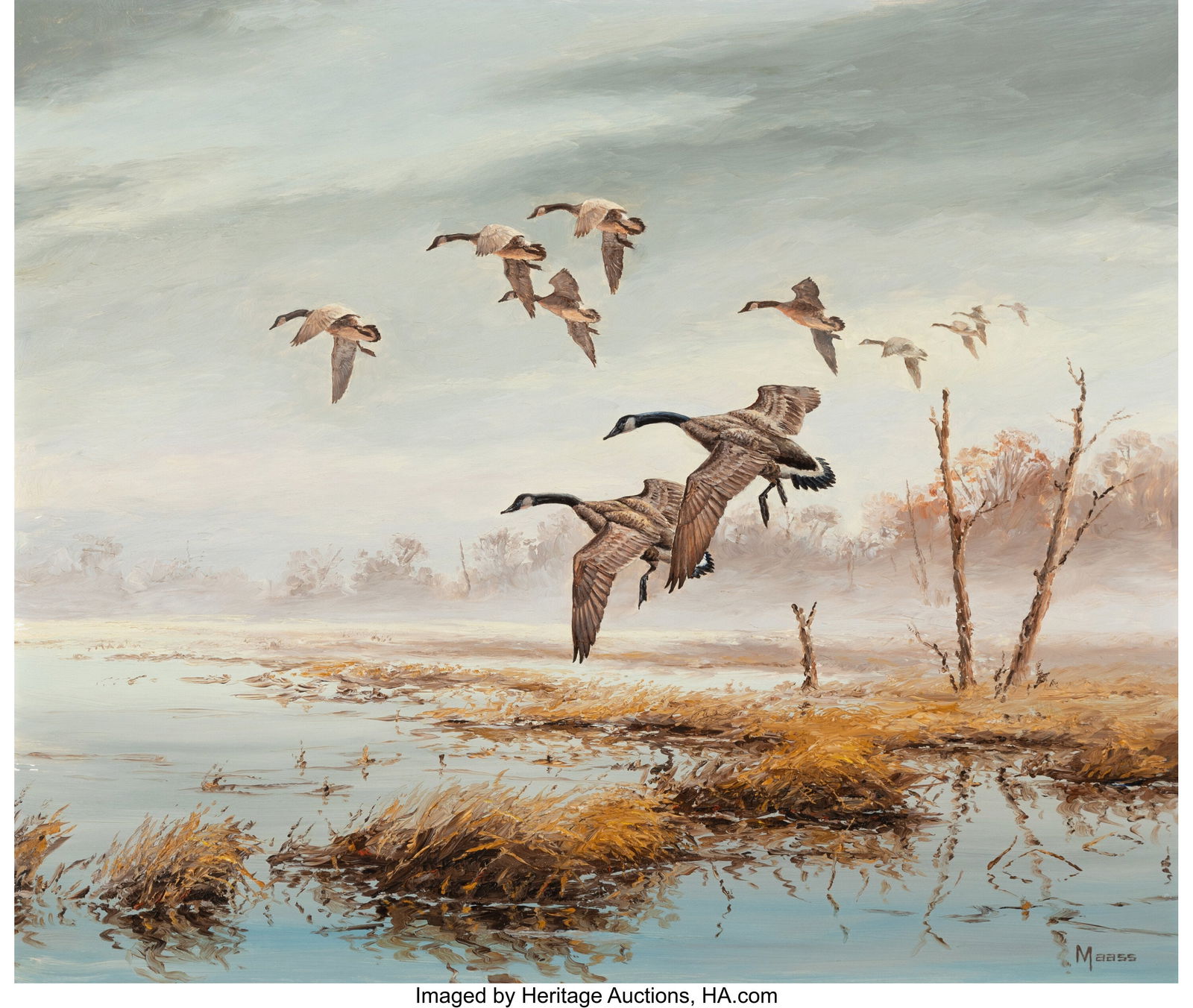 David A. Maass (American, b. 1929) Incoming Honkers: David A. Maass (American, b. 1929) Incoming Honkers Oil on Masonite 20 x 24 inches (50.8 x 61.0 cm) Signed lower right: Maass PROVENANCE: King Gallery, New York; Private collection, Oakland, Californi