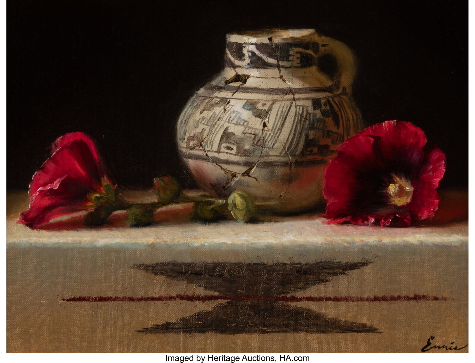 Cary Ennis (American, b. 1951) Black Red and Whi: Cary Ennis (American, b. 1951) Black Red and White Still Life Oil on canvas laid on Masonite 9 x 12 inches (22.9 x 30.5 cm) Signed lower right: Enn