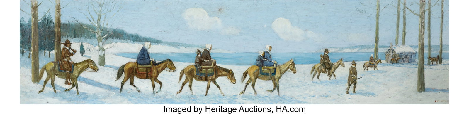 Edwin Willard Deming (American, 1860-1942) The R: Edwin Willard Deming (American, 1860-1942) The Return Home Oil on board 24 x 95 inches (61.0 x 241.3 cm) Signed lower right with artist insignia: EW Demin
