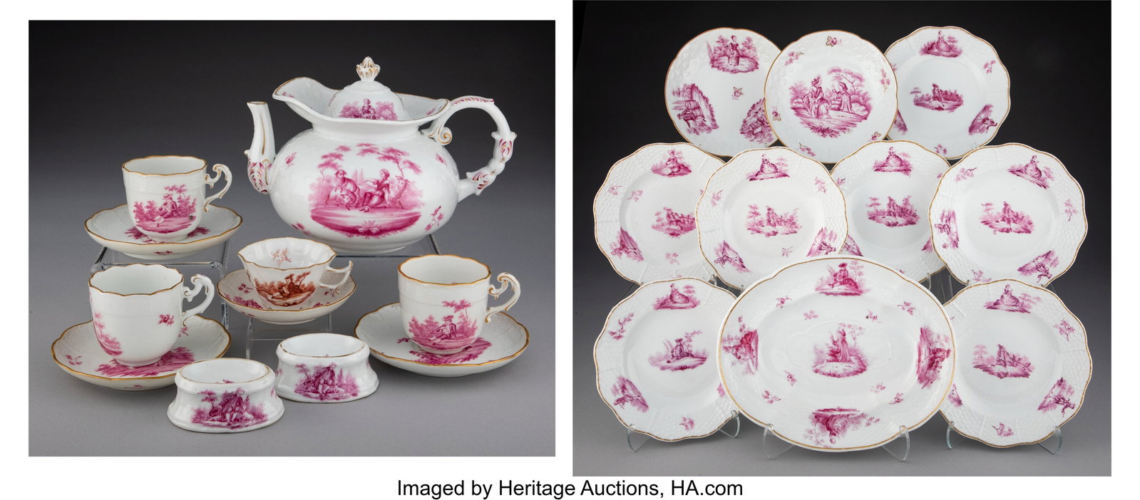 A Herend Partial Gilt Porcelain Pink Toile Parti: A Herend Partial Gilt Porcelain Pink Toile Partial Service, early 20th century Marks to largest: (factory mark in blue overglaze), 862, I. 6-1/2 x 7 x 10 i