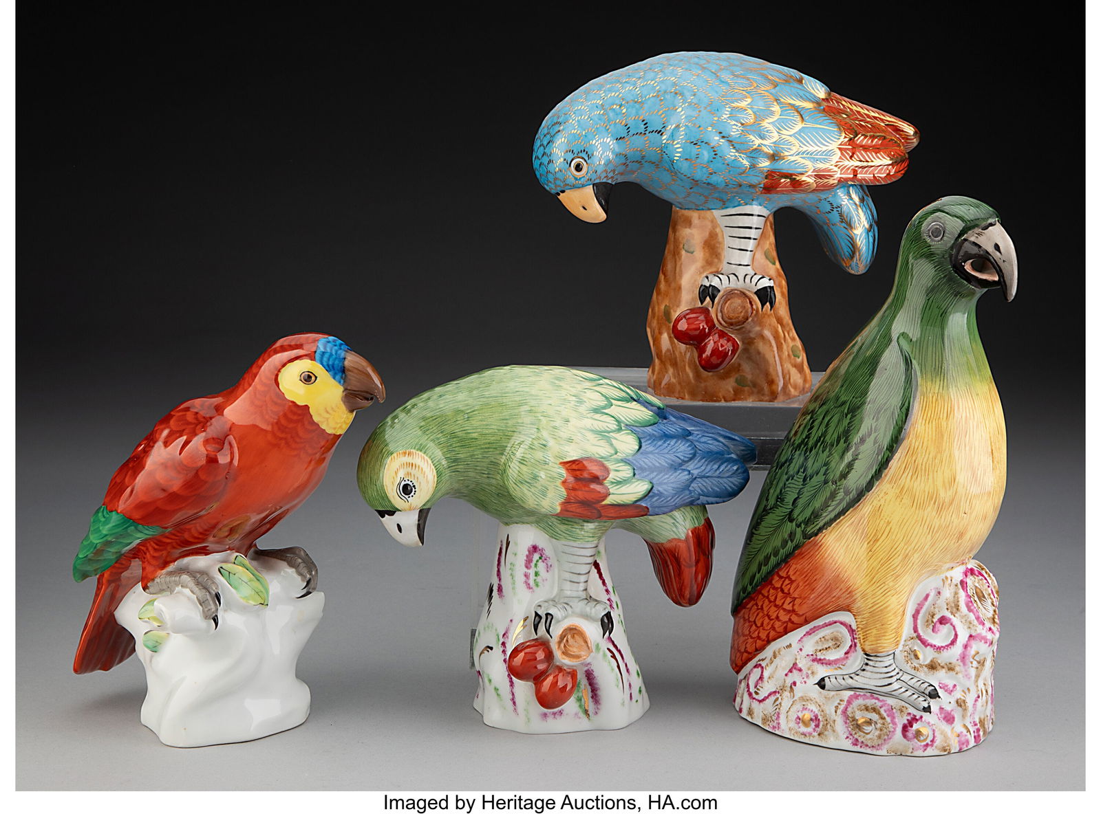 A Group of Four Herend Partial Gilt Porcelain Pa: A Group of Four Herend Partial Gilt Porcelain Parrot Figures, early 20th century Marks to tallest: HEREND, (factory mark in blue overglaze), 1911 8-1/4 x 3 x 4 in