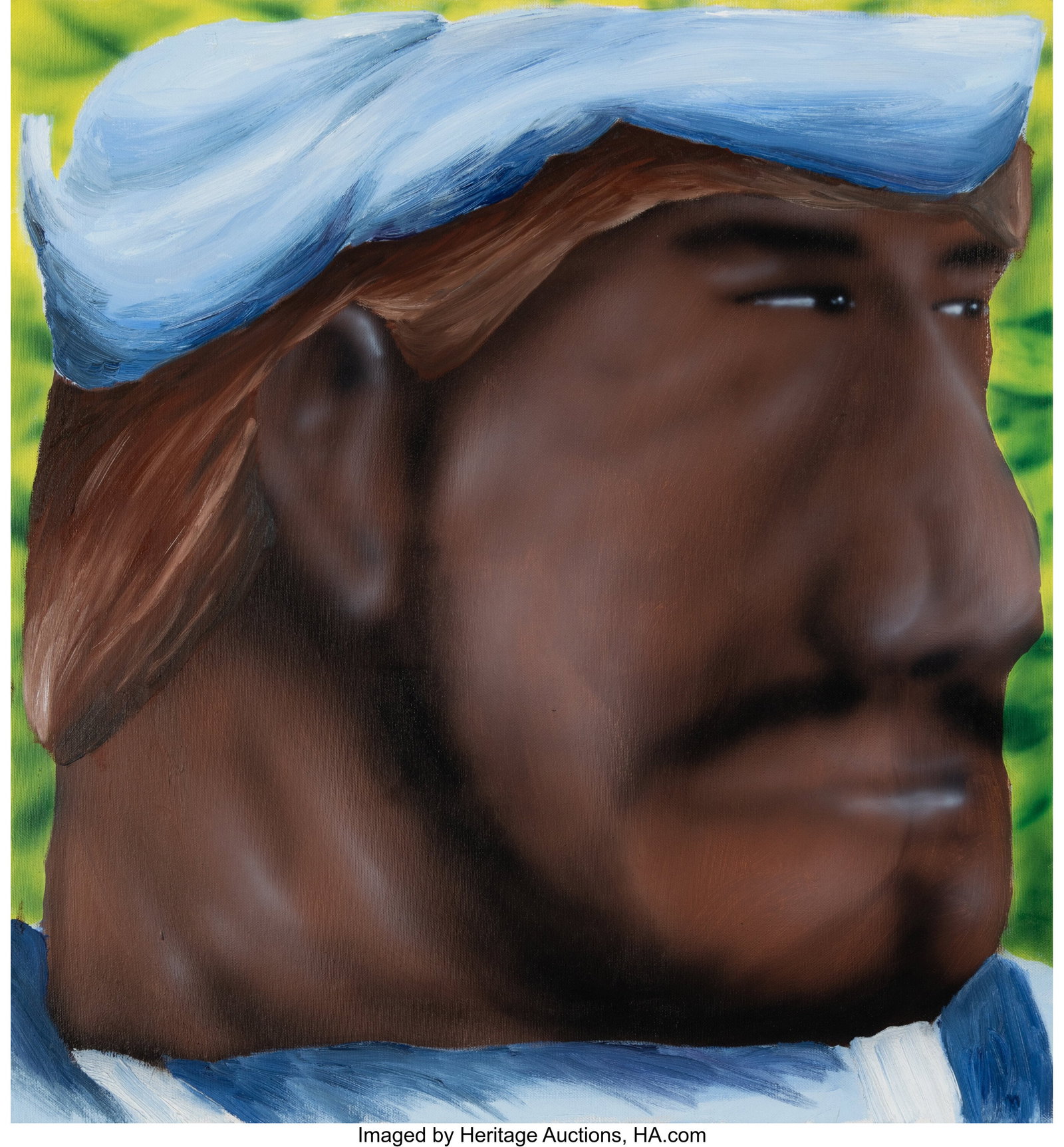 Martin Kacmarek (b. 1996) Farmer in Blue, 2021 A: Martin Kacmarek (b. 1996) Farmer in Blue, 2021 Acrylic, oil, and airbrush on canvas 25 x 23-3/4 inches (63.5 x 60.3 cm) Signed, tit
