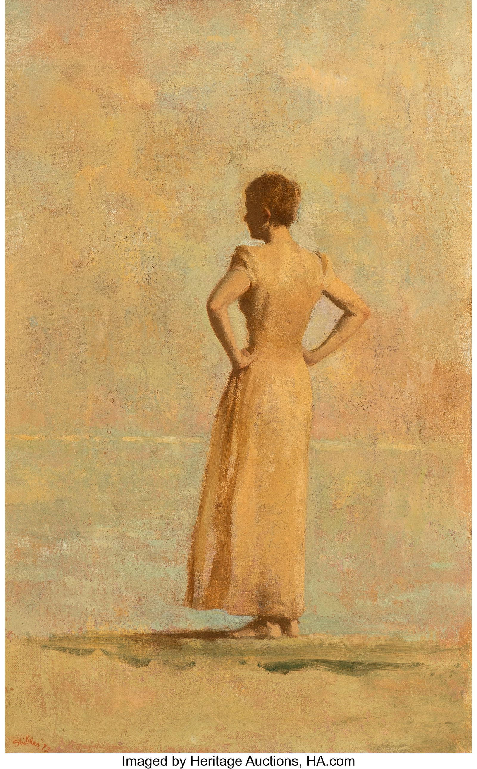 Aaron Shikler (American, 1922-Unknown) Figure On: Aaron Shikler (American, 1922-Unknown) Figure On Beach (Portrait Of Artist's Wife In His Mother's Dress), 1972 Oil on canvas 12 x 8 inches (30.5 x 20&period