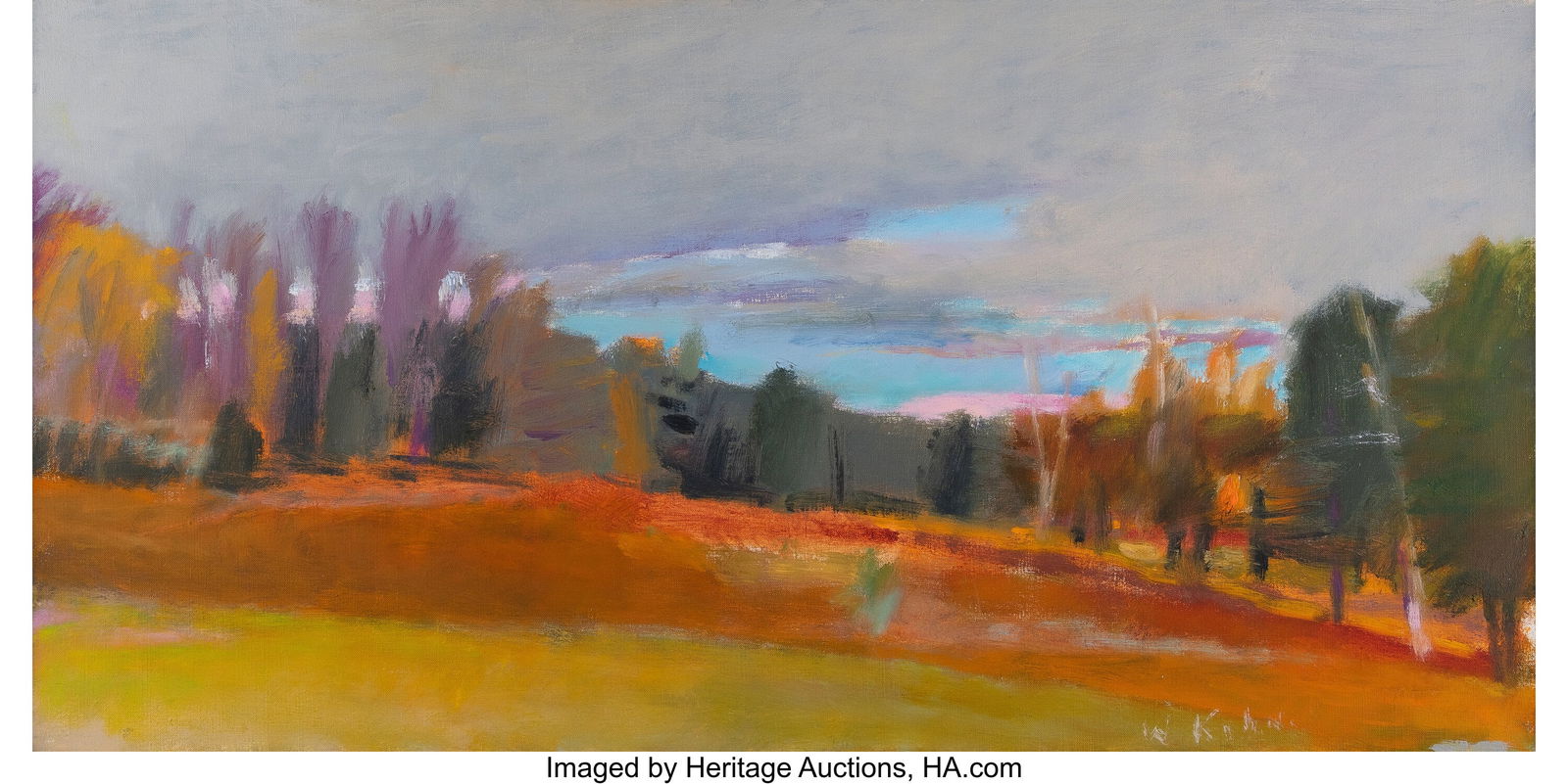 Wolf Kahn (American, 1927-2020) A Cold Day on Am: Wolf Kahn (American, 1927-2020) A Cold Day on Ames Hill I, 1989 Oil on canvas 16 x 32 inches (40.6 x 81.3 cm) Signed lower right: W. Kahn Dat