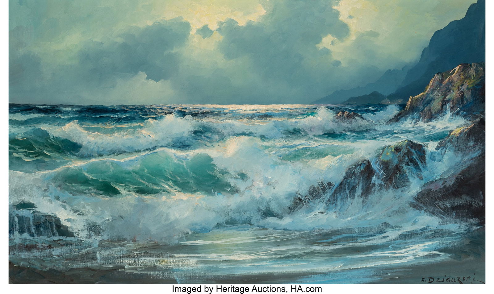Alexander Dzigurski (Russian/American, 1911-1995: Alexander Dzigurski (Russian/American, 1911-1995) Breakers at the Shore Oil on canvas 24 x 43 inches (61.0 x 109.2 cm) Signed lower right: A. D
