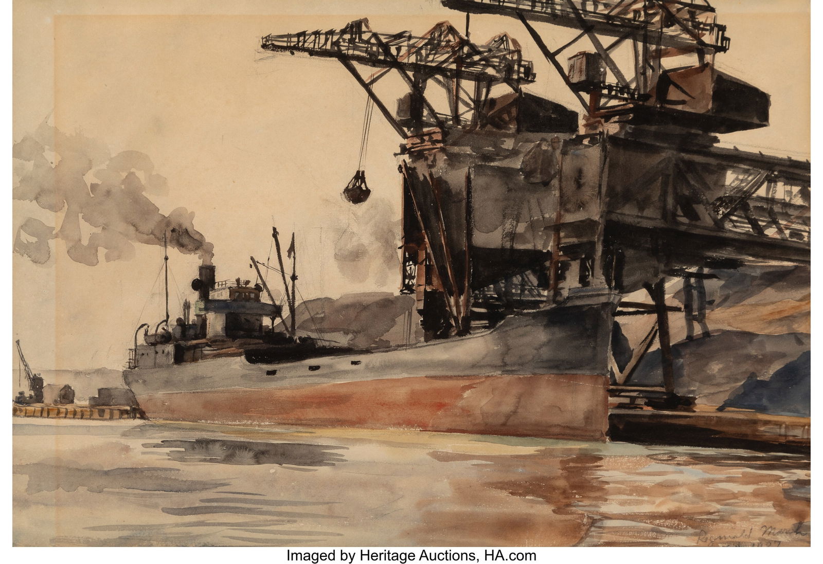 Reginald Marsh (American, 1898-1954) Burns Coal: Reginald Marsh (American, 1898-1954) Burns Coal and Coke Yards in Gravesend Bay, Coney Island, Brooklyn, 1927 Watercolor on paper 13-1/4 x 19-1/4 inches &lpar