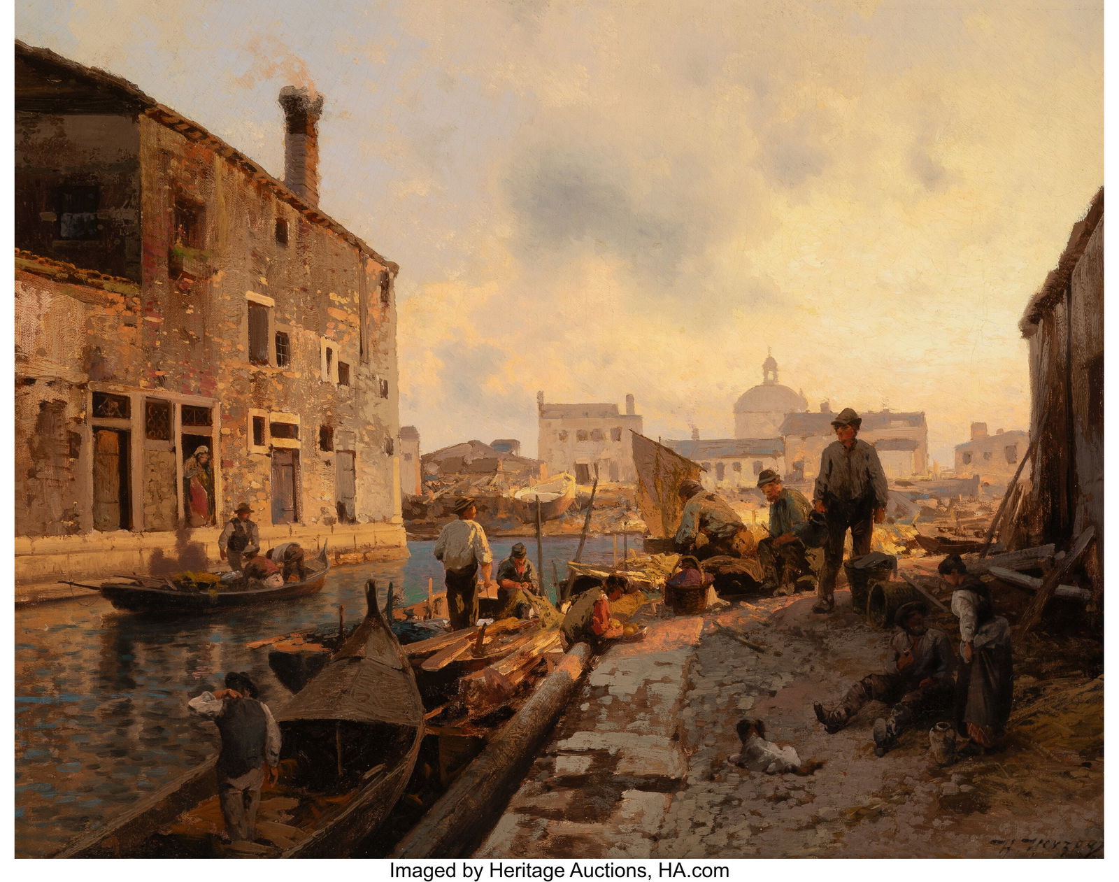 Hermann Herzog (American/German, 1832-1932) Prep: Hermann Herzog (American/German, 1832-1932) Preparing for the Day's Work Oil on canvas 24 x 30 inches (61.0 x 76.2 cm) Signed lower right: H. H