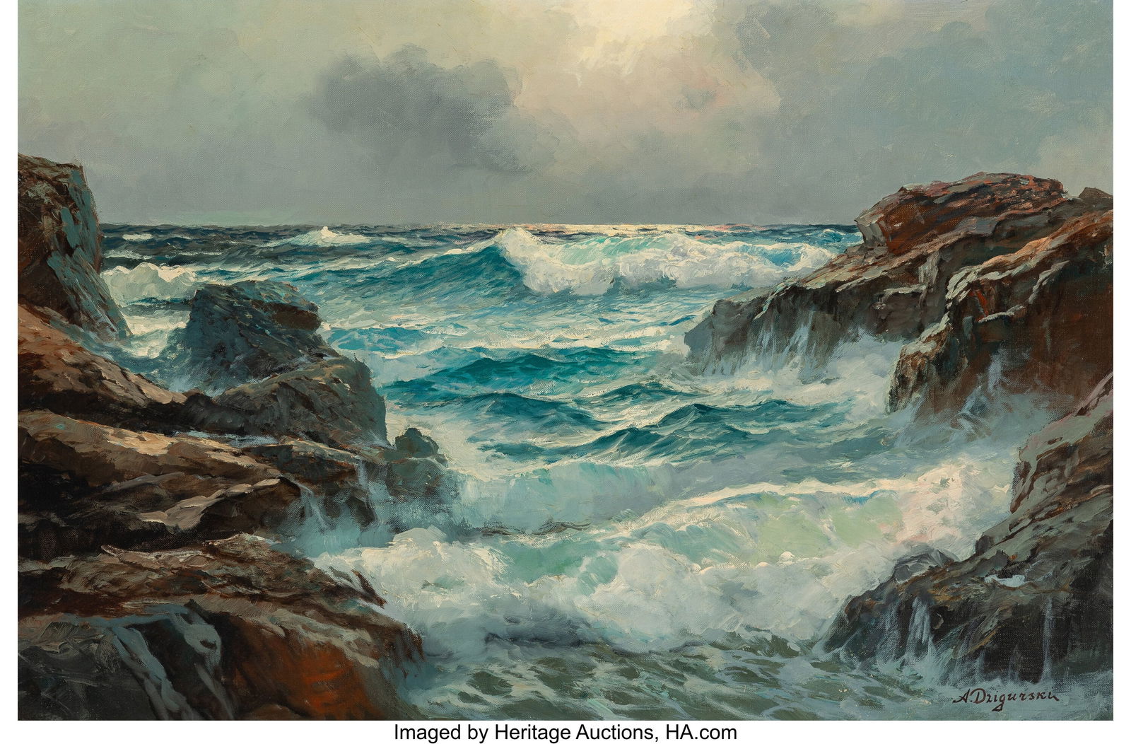 Alexander Dzigurski (Russian/American, 1911-1995: Alexander Dzigurski (Russian/American, 1911-1995) Waves Crashing Oil on canvas 24 x 36 inches (61.0 x 91.4 cm) Signed lower right: A. Dzigurski
