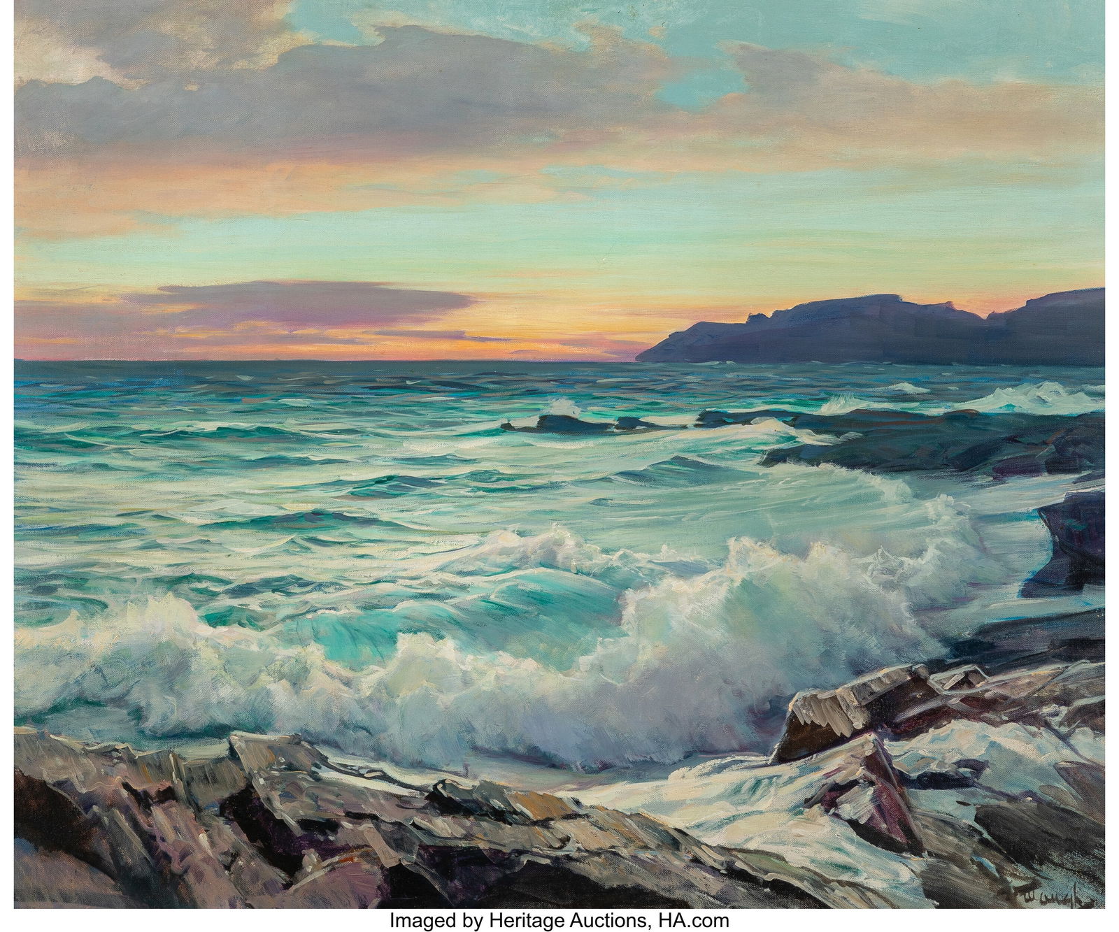 Frederick Judd Waugh (American, 1861-1940) Dawn: Frederick Judd Waugh (American, 1861-1940) Dawn in the East Oil on canvasboard 25 x 30 inches (63.5 x 76.2 cm) Signed lower right: Waugh Titled on the rev