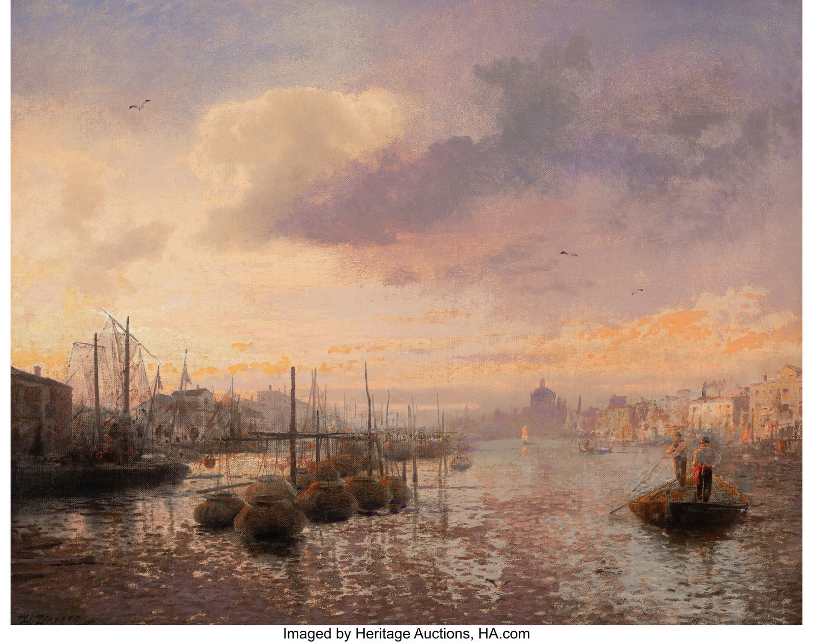 Hermann Herzog (American/German, 1832-1932) Even: Hermann Herzog (American/German, 1832-1932) Evening, Fish Traps in the Lagoon, Venice Oil on canvas 32 x 39 inches (81.3 x 99.1 cm) Signed lower