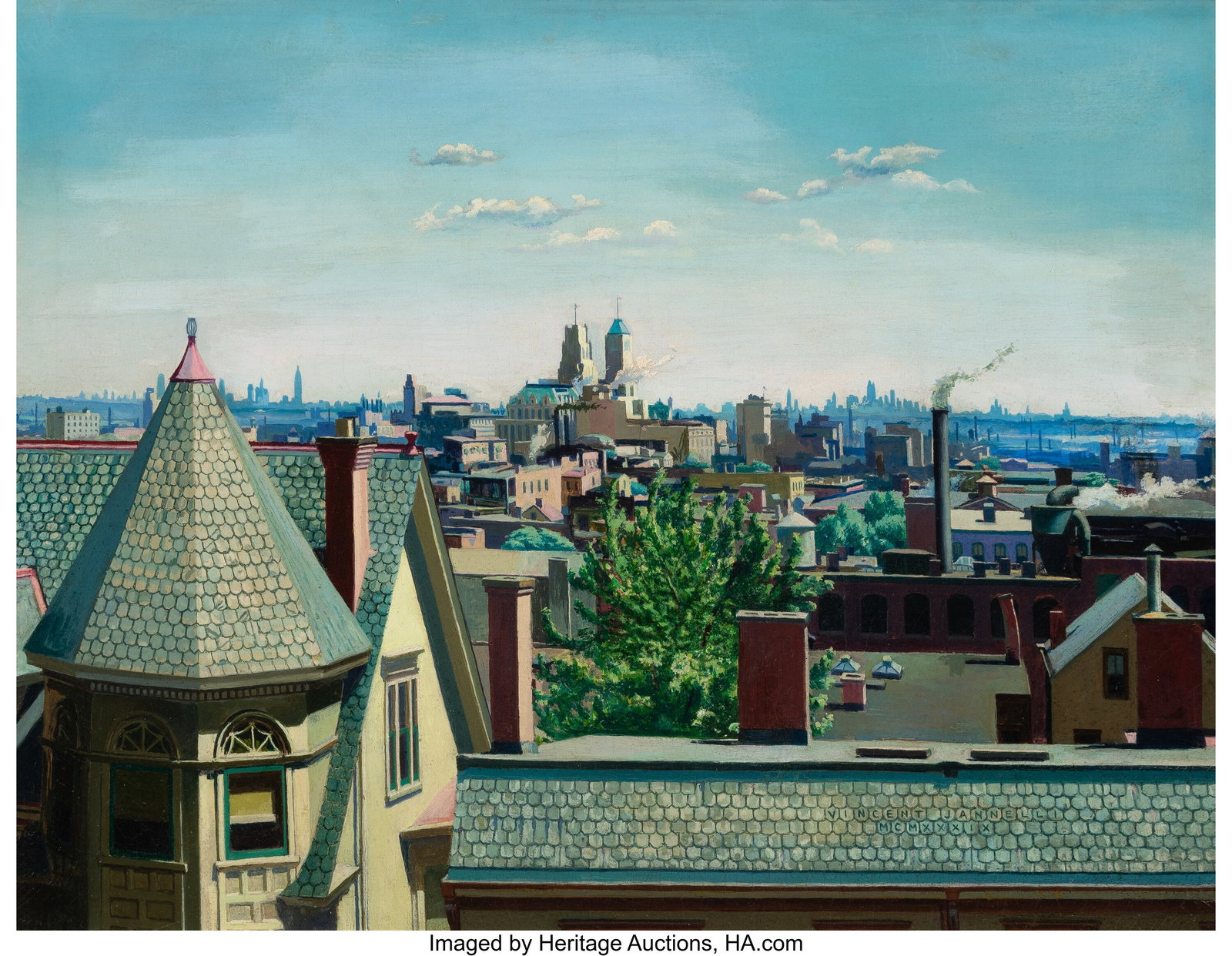 Vincent Jannelli (American, 1882-1962) New York : Vincent Jannelli (American, 1882-1962) New York Skyline from Newark, 1939 Oil on canvas 24 x 31 inches (61.0 x 78.7 cm) Signed and dated lower right&colon