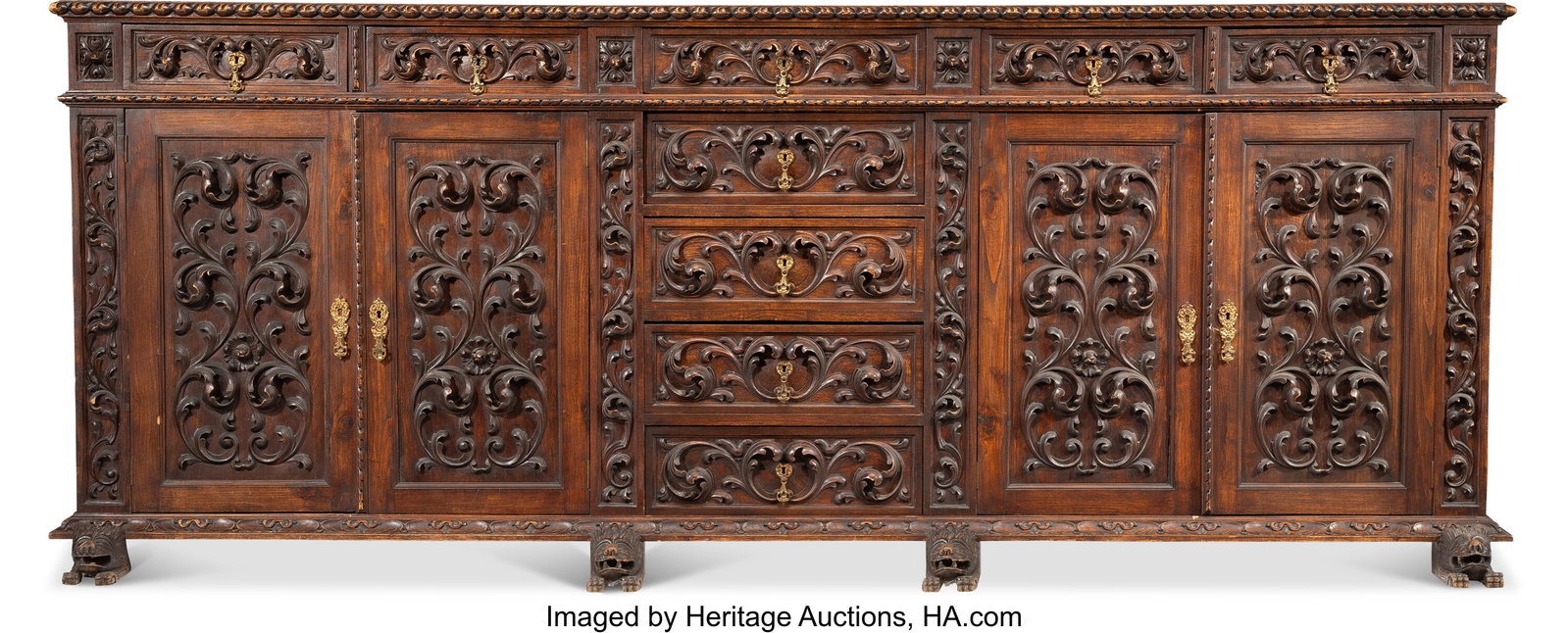 A Renaissance-Style Carved Wood Buffet Cabinet, : A Renaissance-Style Carved Wood Buffet Cabinet, 19th century 41-1/2 x 104-1/4 x 18-1/4 inches (105.4 x 264.8 x 46.4 cm) Property from the Collection of