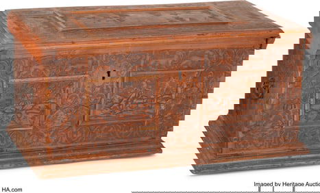61199: A Continental Carved Cedar Pokerwork Box 13-1/2
