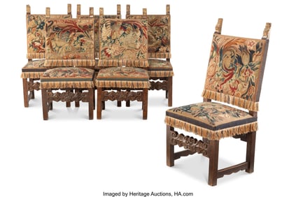 61007: A Set of Six Carved Gilt Walnut and Embroidered