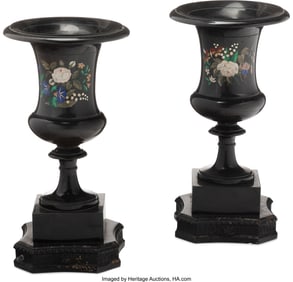 61014: A Pair of Continental Pietra Dura Marble Urns on